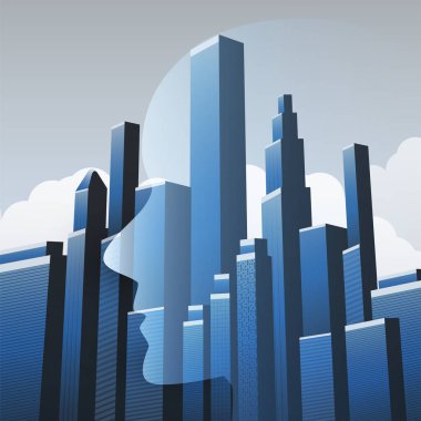 Akıllı şehir, otomatik dijital kontrol, derin öğrenme, yapay zeka ve şehir manzarası ve insan kafası ile geleceğin teknolojisi konsept tasarım