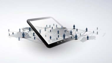 Ağlar - küresel iş bağlantıları - sosyal medya konsept tasarımı harita ve Tablet Pc ile