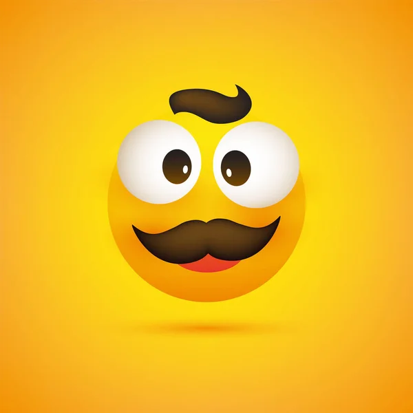 微笑的表情符号 简单的快乐表情符号与斜视弹出眼睛和胡子在黄色背景 矢量设计 — 图库矢量图片