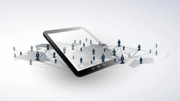 지도와 태블릿 Pc 네트워크-글로벌 비즈니스 연결-소셜 미디어 컨셉 디자인 — 스톡 벡터