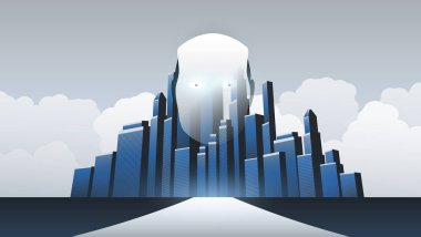 Akıllı şehir, otomatik dijital kontrol, derin öğrenme, yapay zeka ve şehir manzarası ve Robot kafa ile geleceğin teknolojisi konsept tasarımı