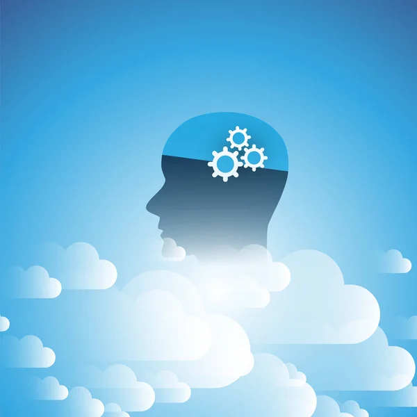Cloud Computing, Global Ai bijstand, geautomatiseerde ondersteuning, digitale hulp, diep leren en technologie van de toekomst conceptontwerp met wolken en menselijk hoofd — Stockvector
