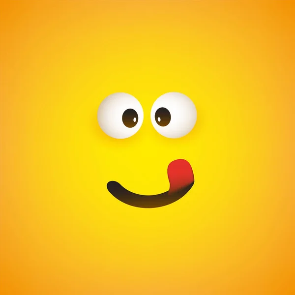 微笑的表情符号与穿出舌头 简单的闪亮快乐表情符号脸在黄色背景 矢量设计 — 图库矢量图片