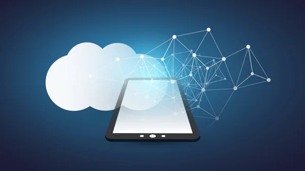 Cloud Computing Design Concept - Connessioni digitali, Sfondo tecnologico con Tablet PC e rete Mesh — Vettoriale Stock