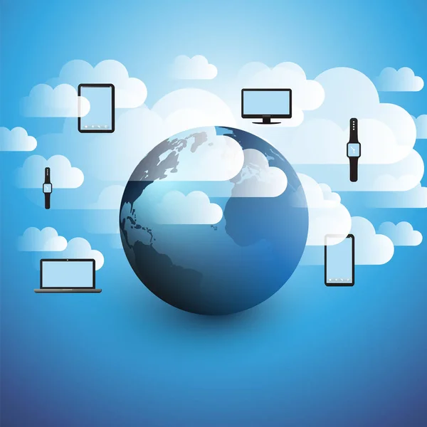 Concepto de diseño de computación en nube: conexiones digitales, antecedentes tecnológicos con dispositivos electrónicos, globo terrestre y nubes — Archivo Imágenes Vectoriales