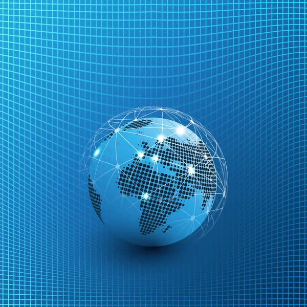 Tecnología Global futurista, redes y diseño con globo de tierra y patrón de malla ondulada 3d - conexiones de red Digital, Fondo de tecnología de la computación en nube — Archivo Imágenes Vectoriales