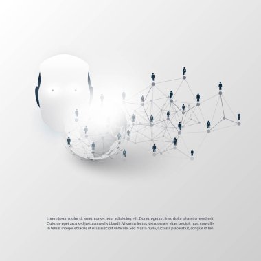 Modern tarzı AI destekli iş ağları konsept tasarım küresel dijital ağ bağlantıları, dünya Küre ve Robot baş