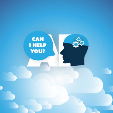 Cloud Computing, otomatik destek yardım, dijital cihazı, derin öğrenme ve geleceğin teknolojisi konsept tasarımı bulutlar, AI sembolü ve konuşma balonu