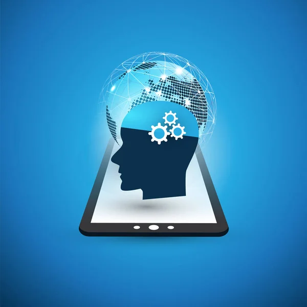 Strojové učení, umělá inteligence, Cloud Computing a sítě koncepce designu s digitálním tabletu, globální sítě a lidská hlava — Stockový vektor