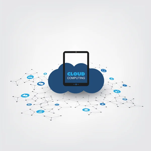 Concept de conception Cloud Computing avec Wireframe et Tablet PC - Connexions réseau numériques, arrière-plan technologique — Image vectorielle