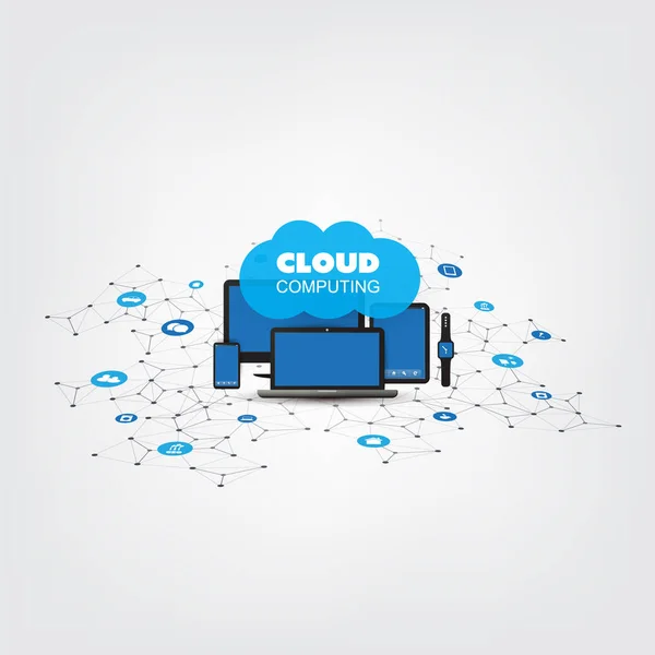 Internet van dingen, Cloud Computing Design Concept met elektronische apparaten en pictogrammen - digitale netwerkverbindingen, technische achtergrond — Stockvector
