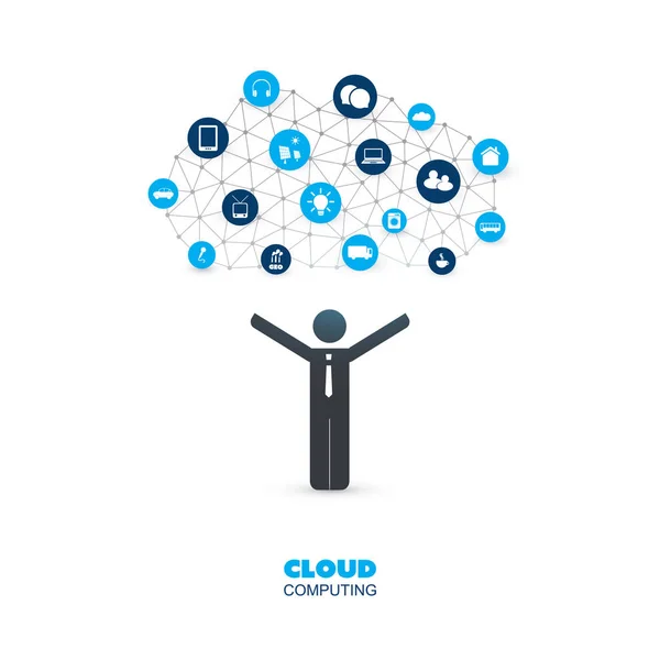 Cloud Computing Design Concept met een staande zakenman en pictogrammen - digitale netwerkverbindingen, Internet van dingen, technische achtergrond — Stockvector