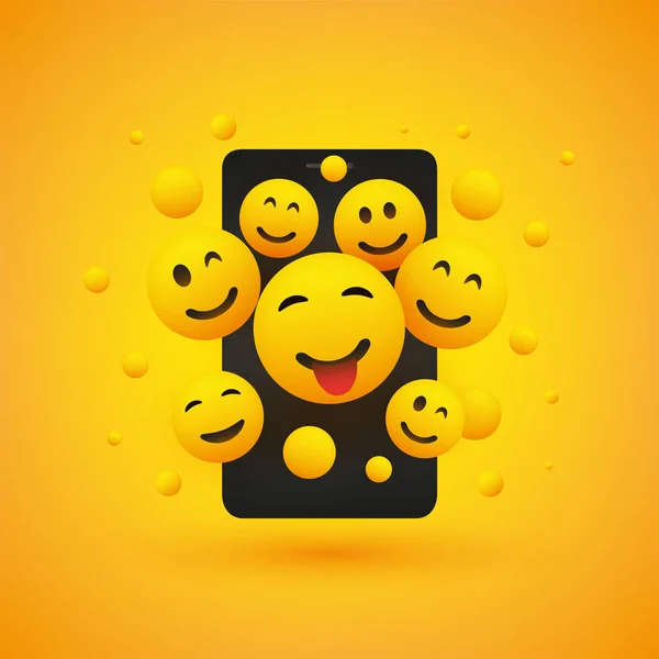 Varios Emoticones Amarillos Sonrientes Delante Una Pantalla Smartphone Diseño Concepto — Vector de stock