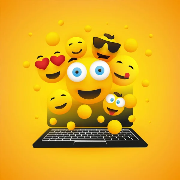 Różnych Szczęśliwy Uśmiechający Się Emotikony Żółty Przed Ekranem Komputera Przenośnego — Wektor stockowy