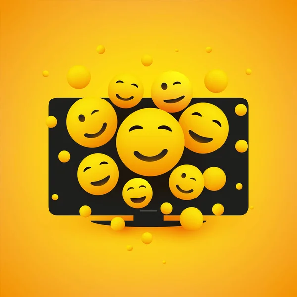 スマート テレビ画面の前に様々 な笑顔幸せな黄色い顔ベクトル概念イラスト — ストックベクタ