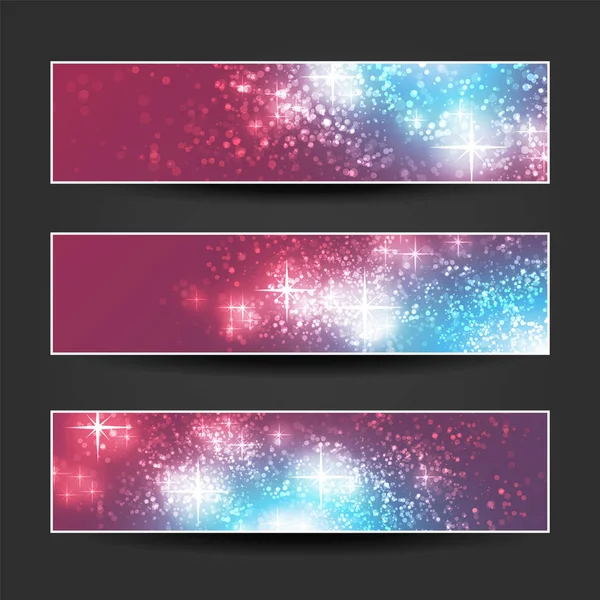 Conjunto de diseños horizontales de banner o encabezado de fondo - Colores: púrpura, azul, blanco - Plantillas de anuncios web para Navidad, Año Nuevo u otros eventos de temporada o días festivos — Vector de stock