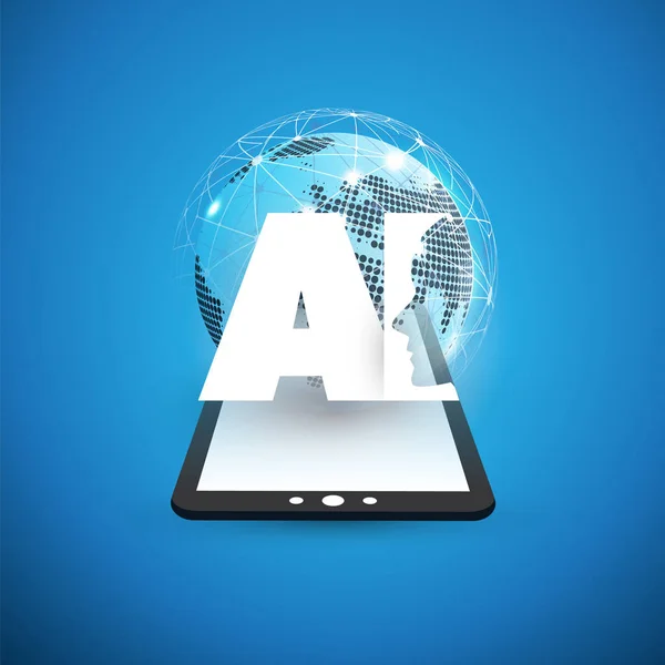 Machine Learning, Intelligenza Artificiale, Cloud Computing e Networks Design Concept con Tablet Digitale, Earth Globe ed Etichetta AI — Vettoriale Stock