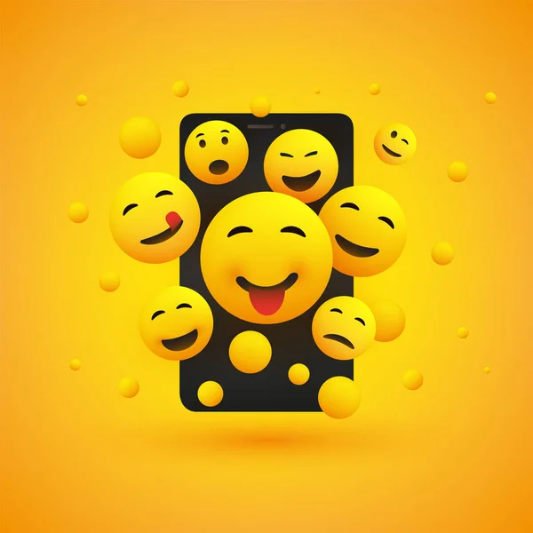 Vários Emoticons Amarelos Felizes Sorridentes Frente Uma Tela Smartphone Vector — Vetor de Stock