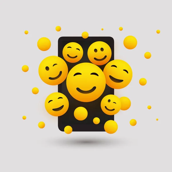 Różnych Szczęśliwy Uśmiechający Się Emotikony Żółty Przed Ekranem Smart Phone — Wektor stockowy
