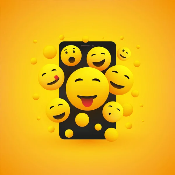 Varie Emoticon Gialle Felici Sorridenti Davanti Allo Schermo Uno Smartphone — Vettoriale Stock