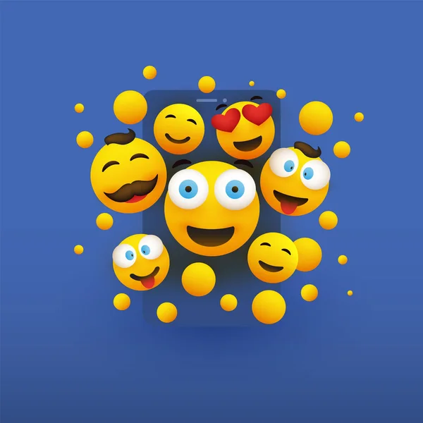 Various Smiling Happy Yellow Emoticons Front Smartphone Screen Vector Concept — Stock Vector