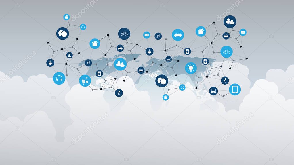 Internet of Things, Cloud Computing Design Concept with World Map, Clouds and Icons - Digital Network Connections, Technology Background