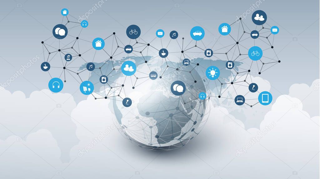 Internet of Things, Cloud Computing Design Concept with Earth Globe, Clouds and Icons - Global Digital Network Connections, Smart Technology Concept