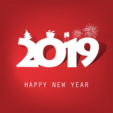 En iyi dilek - basit kırmızı ve beyaz yeni yıl kartı, kapak veya arka plan tasarım şablonu ile Noel ağacı, hediye kutusu, içme gözlük ve havai fişek - 2019