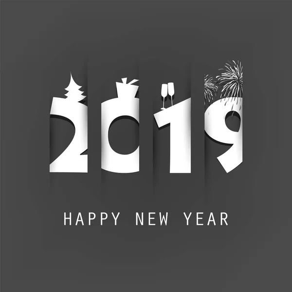 简单的黑白新年贺卡, 封面或背景设计模板与圣诞树, 礼品盒, 饮料眼镜和烟花-2019年 — 图库矢量图片