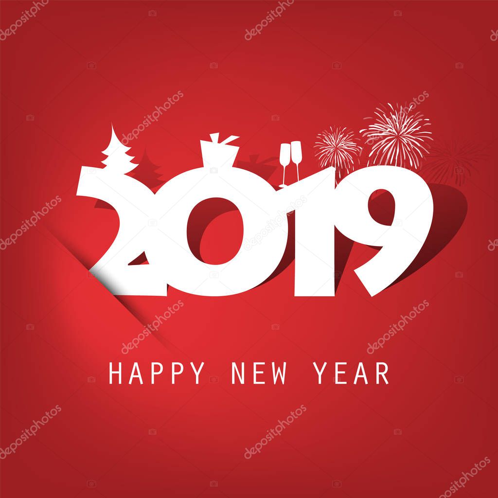  Simple Red and White New Year Card, Cover or Background Design Template With Christmas Tree, Gift Box, Drinking Glasses And Fireworks Icons - 2019 