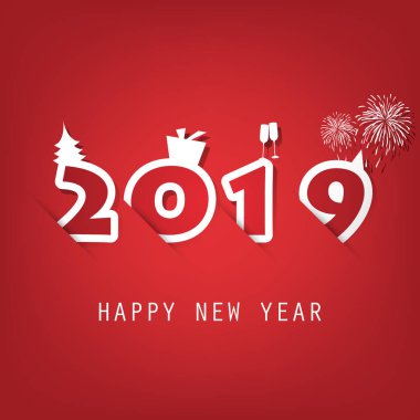Basit kırmızı ve beyaz yeni yıl kartı, kapak veya arka plan tasarım şablonu ile Noel ağacı, hediye kutusu, içme gözlük ve havai fişek simgeler - 2019 