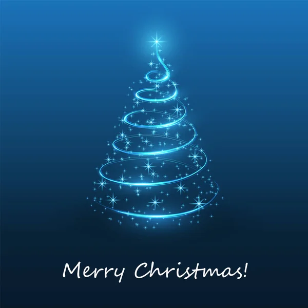 Feliz Navidad, Happy Holidays Card - Forma de árbol de Navidad oscuro hecho de luz espiral brillante — Vector de stock