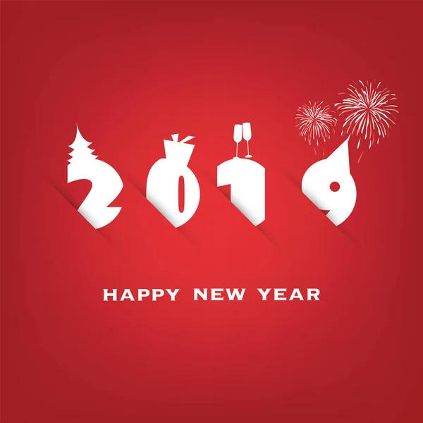 Cartão de ano novo vermelho e branco simples, capa ou modelo de design de fundo com árvore de Natal, caixa de presente, copos e ícones de fogos de artifício - 2019 —  Vetores de Stock
