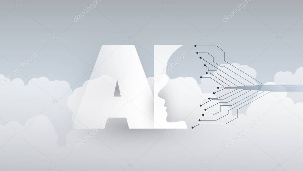 Modern Style Cloud Computing, Global AI Assistance, Automated Online Support, Digital Aid, Deep Learning and Future Technology Concept Design with Clouds and Human Head - Vector Illustration 