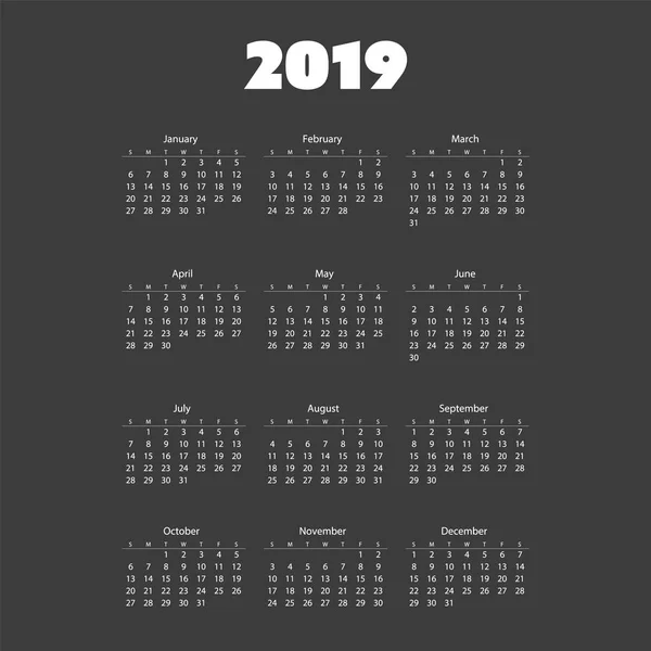Proste 2019 Kalendarz Wektor Szablonu Wydruku — Wektor stockowy