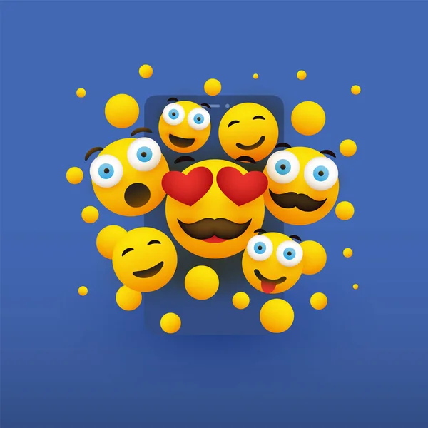 Διάφορα Χαμογελώντας Ευτυχισμένη Emoticons Κίτρινο Μπροστά Από Μια Οθόνη Smartphone — Διανυσματικό Αρχείο