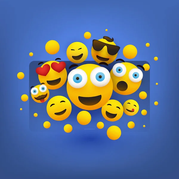 Various Smiling Happy Yellow Emoticons Front Laptop Computer Screen Vector — Stock Vector