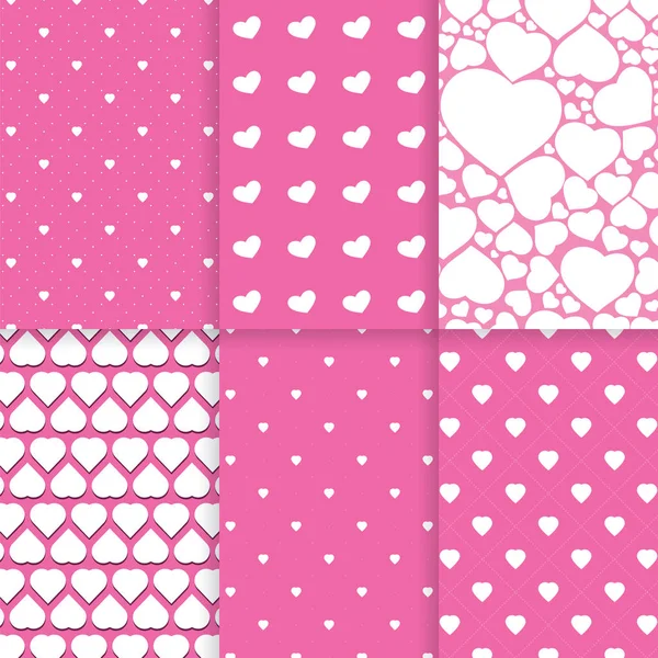 Conjunto Seis Patrones Corazón Blanco Rosa Sin Costuras Abstractos Tarjeta — Archivo Imágenes Vectoriales