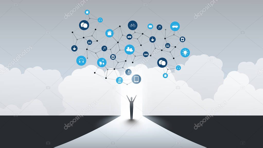 New Possibilities - Business, Solutions Finding, Cloud Computing Design Concept with a Standing Business Man and Icons - Digital Network Connections, Technology Background 