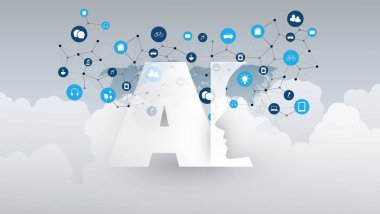 Makine yapay zeka, öğrenme, bulut bilgisayar ve ağlar tasarım konsepti ile Dünya Haritası, ağ kafes ve AI etiket 