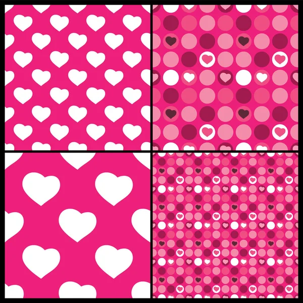 つの抽象的なシームレスな白とピンク ハート パターン バレンタインの日カードまたはベクトルの背景デザインの設定 — ストックベクタ