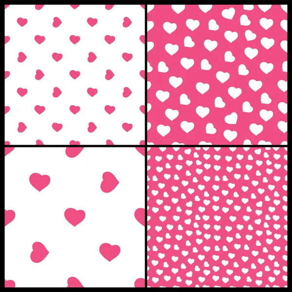 Conjunto Cuatro Patrones Corazón Blanco Púrpura Rosa Sin Costuras Abstractos — Vector de stock