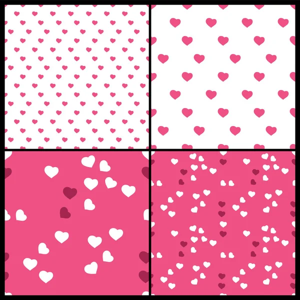 Conjunto Cuatro Patrones Corazón Blanco Púrpura Rosa Sin Costuras Abstractos — Vector de stock