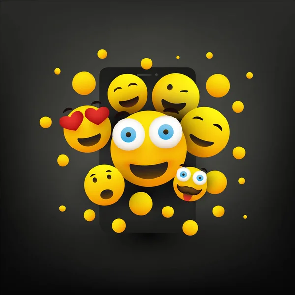 Çeşitli Gülümseyen Mutlu Sarı Ifadeler Bir Akıllı Telefon Ekranının Önünde — Stok Vektör