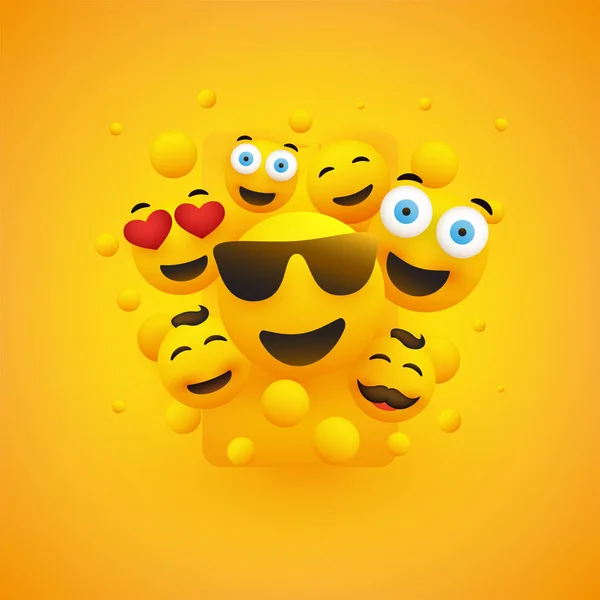 スマート フォンの画面の前に様々 な笑顔幸せな黄色い顔ベクトル概念イラスト — ストックベクタ