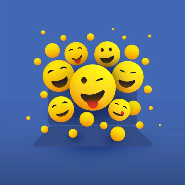 Různé Usměvavé Happy Žlutý Emotikony Před Obrazovkou Přenosného Počítače Vektorové — Stockový vektor