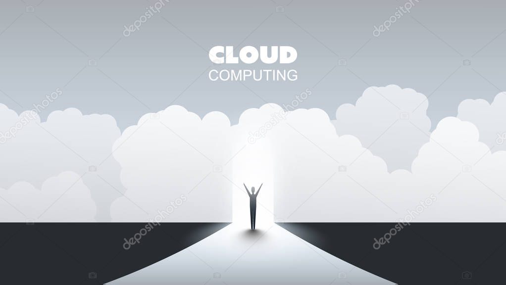 New Possibilities - Business, Solutions Finding, Cloud Computing Design Concept with a Standing Businessman Under Cloudy Sky - Digital Network Connections, Technology Background 