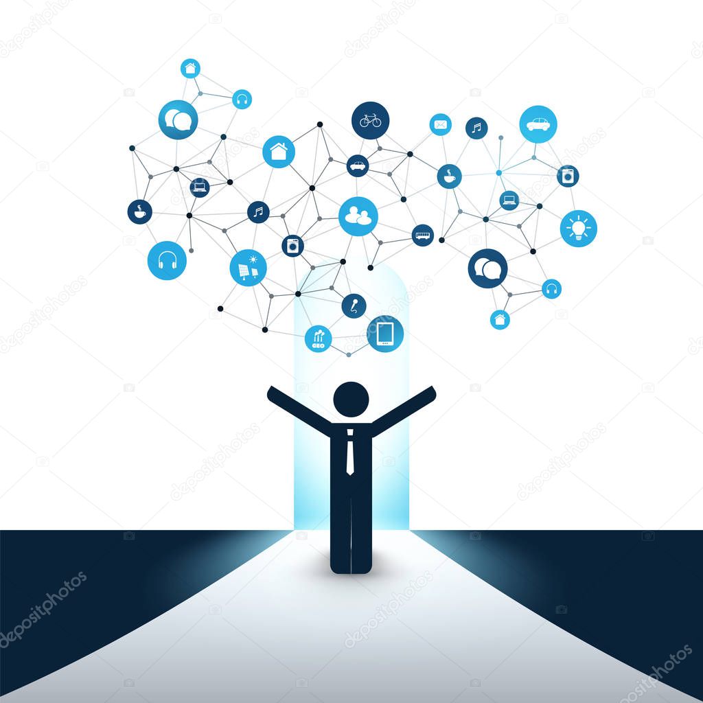 New Possibilities - Business, Solutions Finding, Cloud Computing Design Concept with a Standing Business Man and Icons - Digital Network Connections, Technology Background 