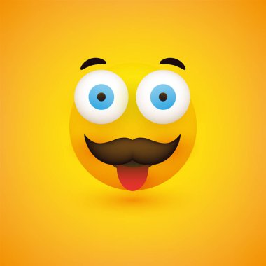 Emoji - göz, dil ve bıyık sarı zemin üzerine dışarı Pop ile basit mutlu ifade - vektör tasarımı gülümseyen 