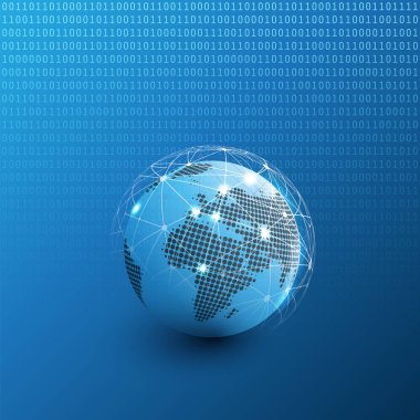 Dijital Matrix, bit deseni, birler ve sıfırlar - Modern 3d dijital bilgi vektör arka plan veya duvar kağıdı ve şablon için iş, bu teknoloji ile dünya küre ve tel örgü 